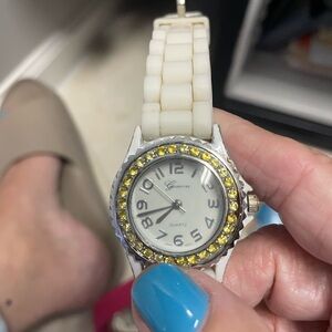 Geneva Quartz Watch with White Band and Yellow Accents